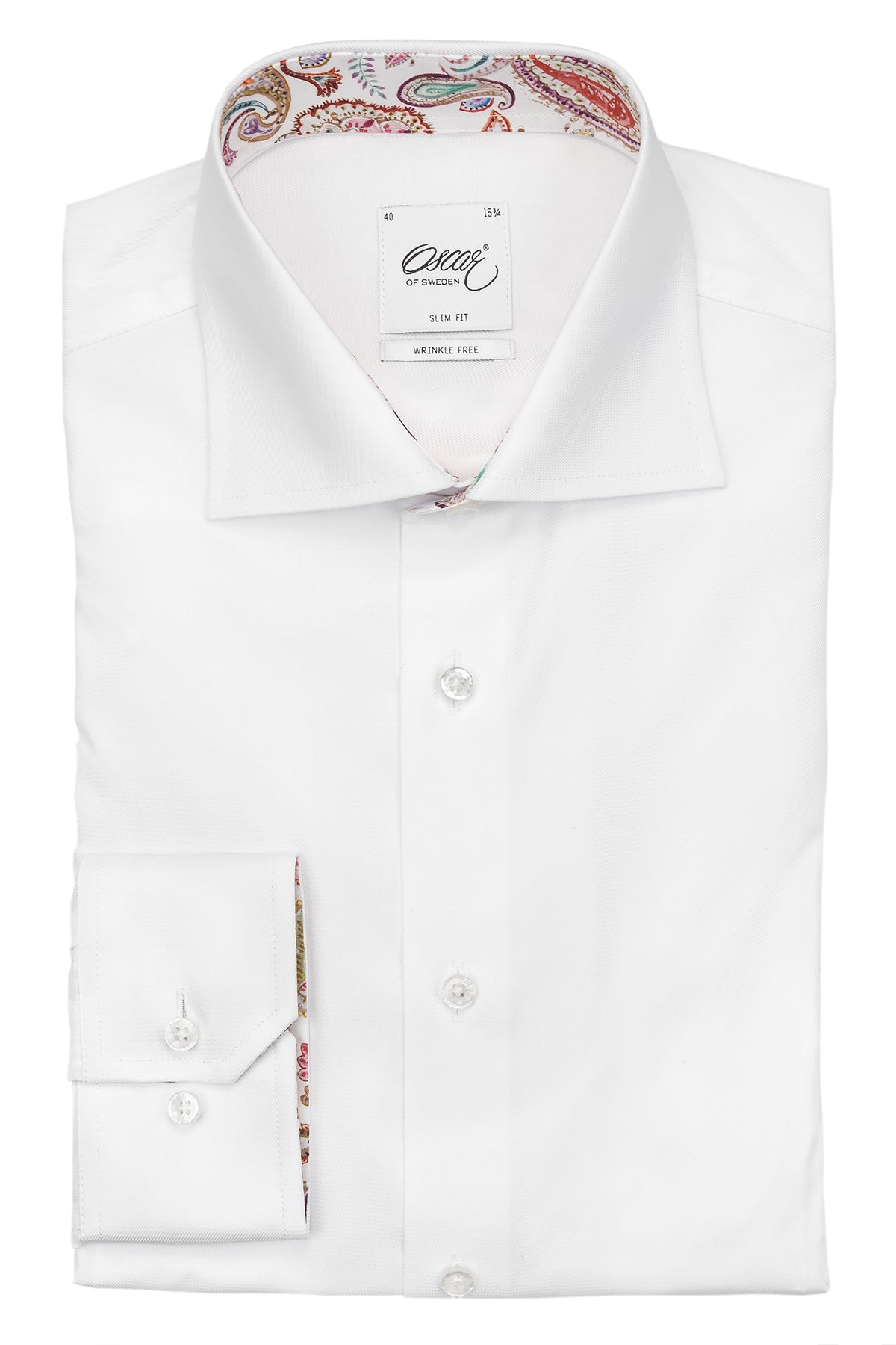 White shirt with dark contrast collar and cuffs