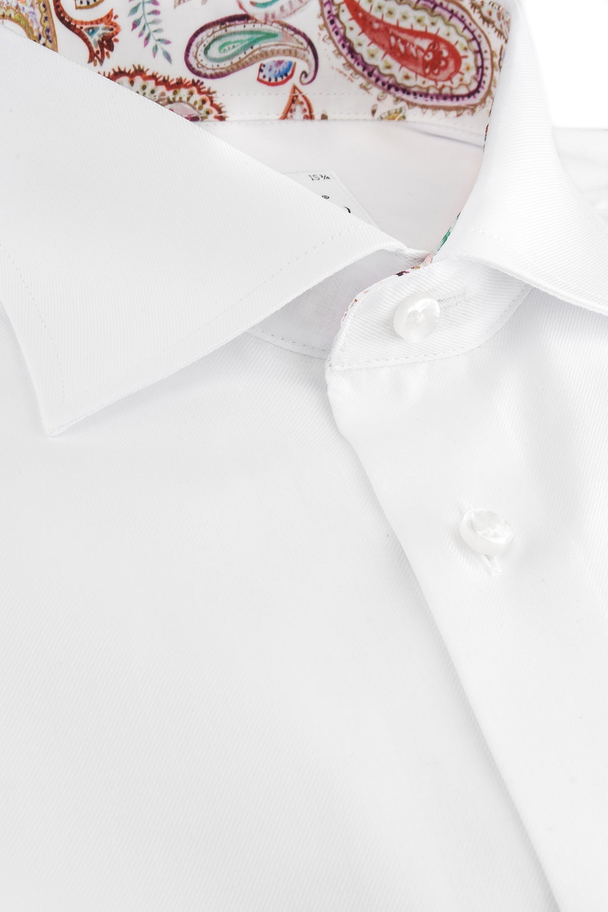 White shirt with dark contrast collar and cuffs