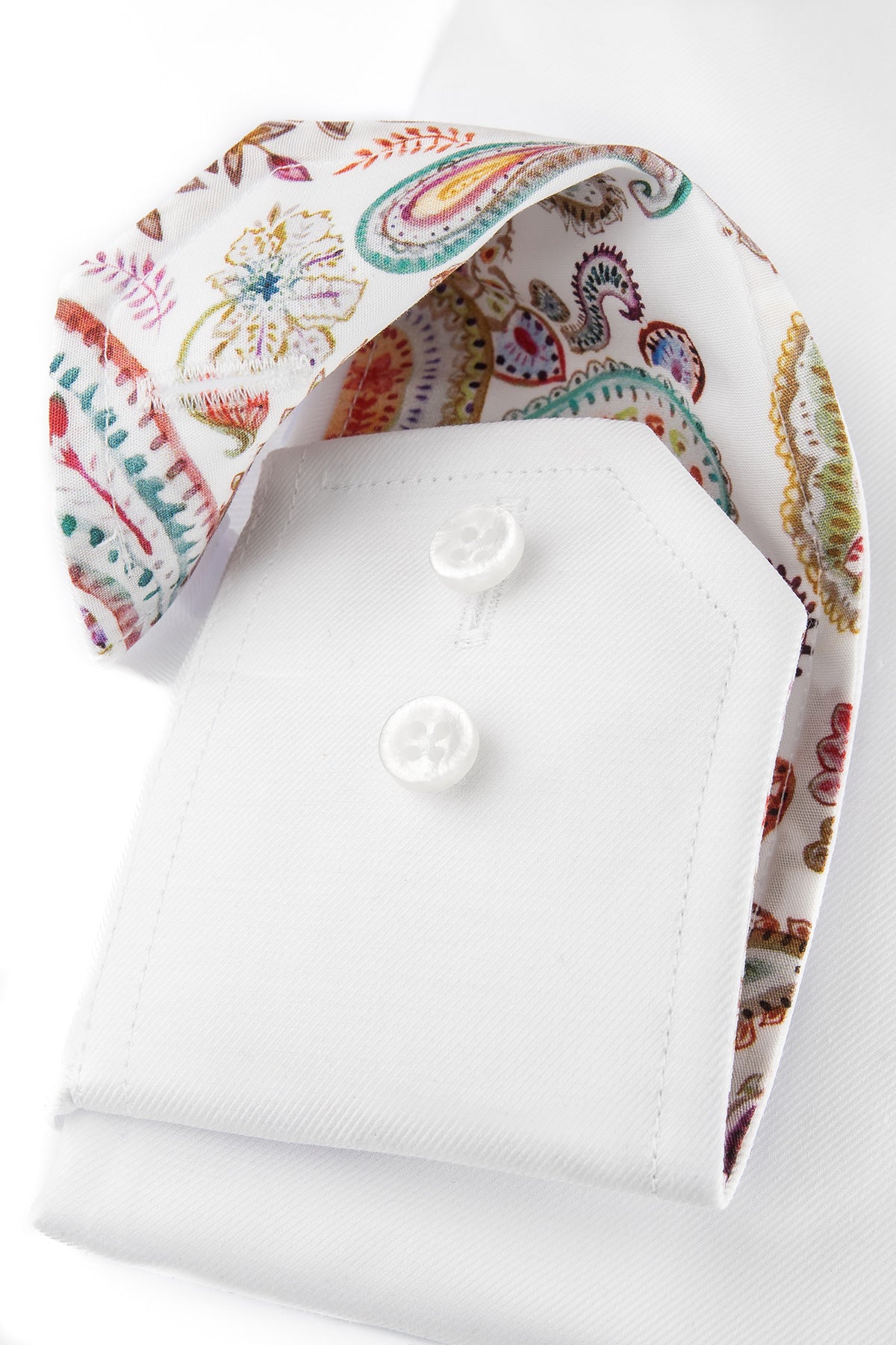 White shirt with dark contrast collar and cuffs