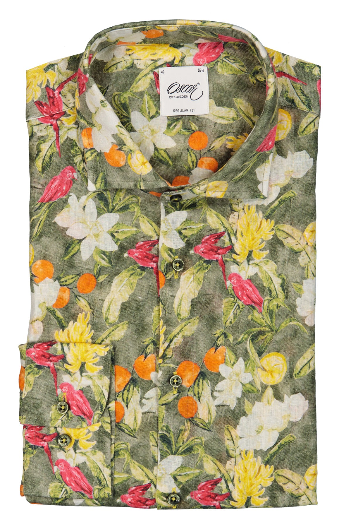 Green flower printed regular fit linen shirt