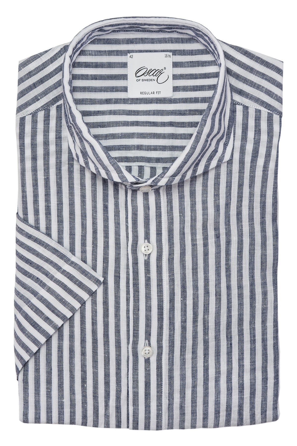 Blue striped linen short sleeve regular fit shirt