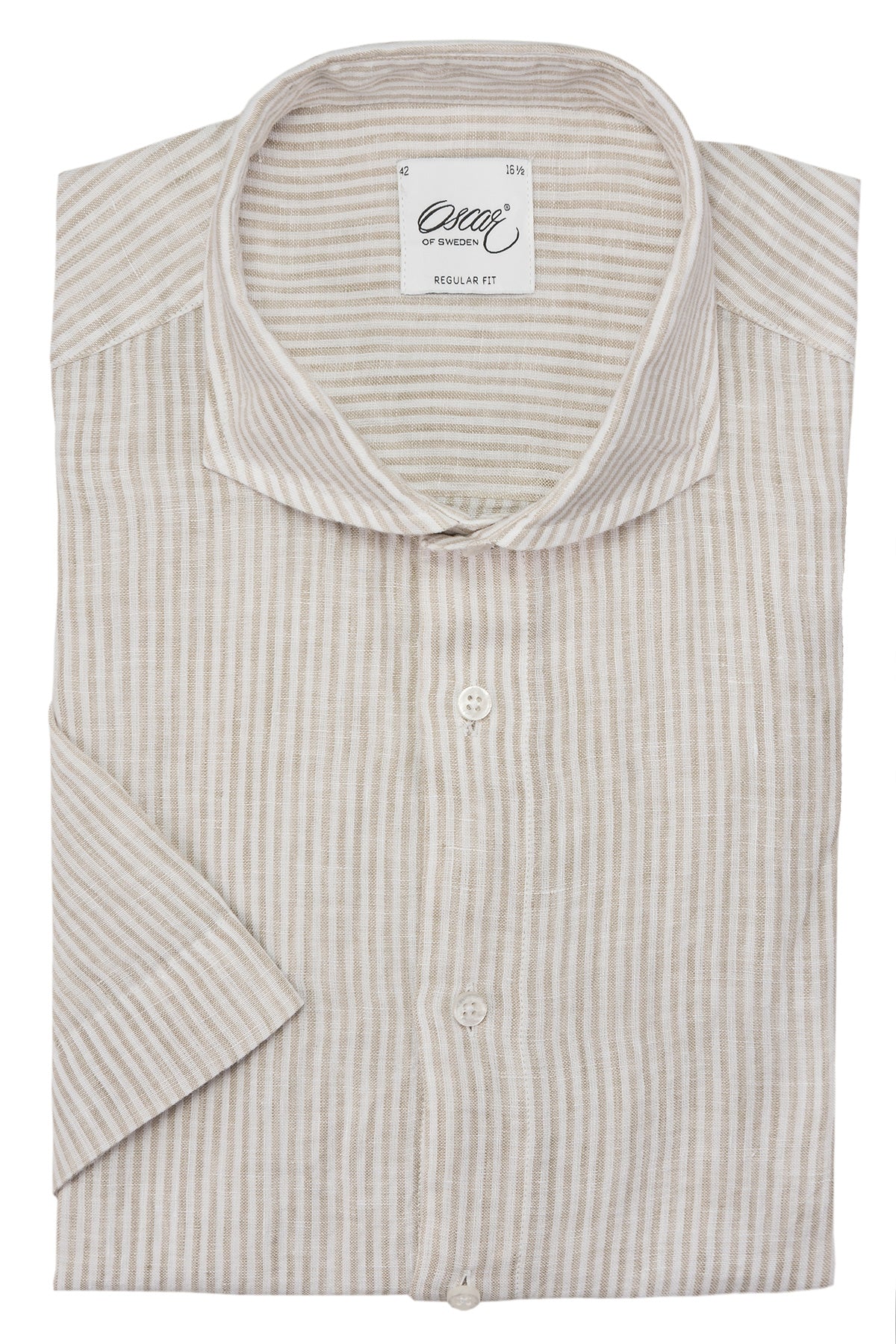 Beige striped linen short sleeve regular fit shirt