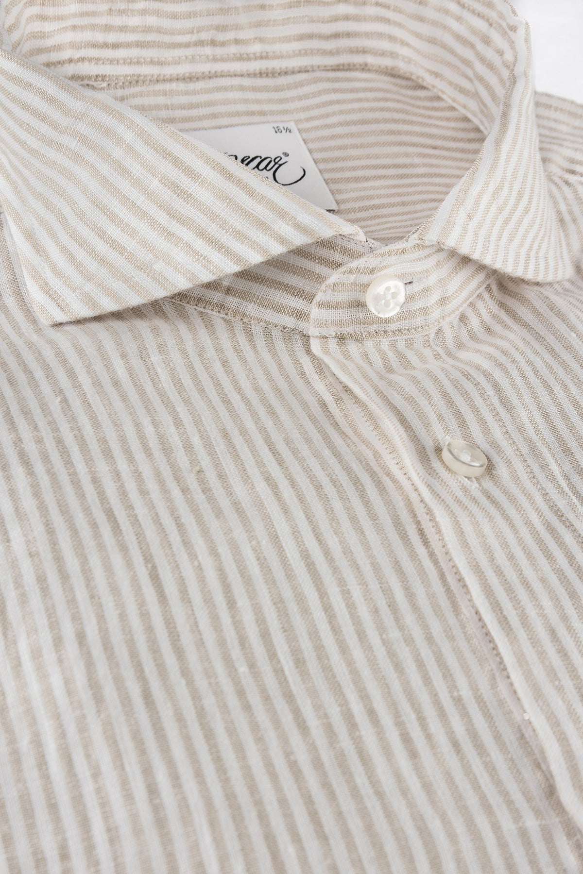 Beige striped linen short sleeve regular fit shirt