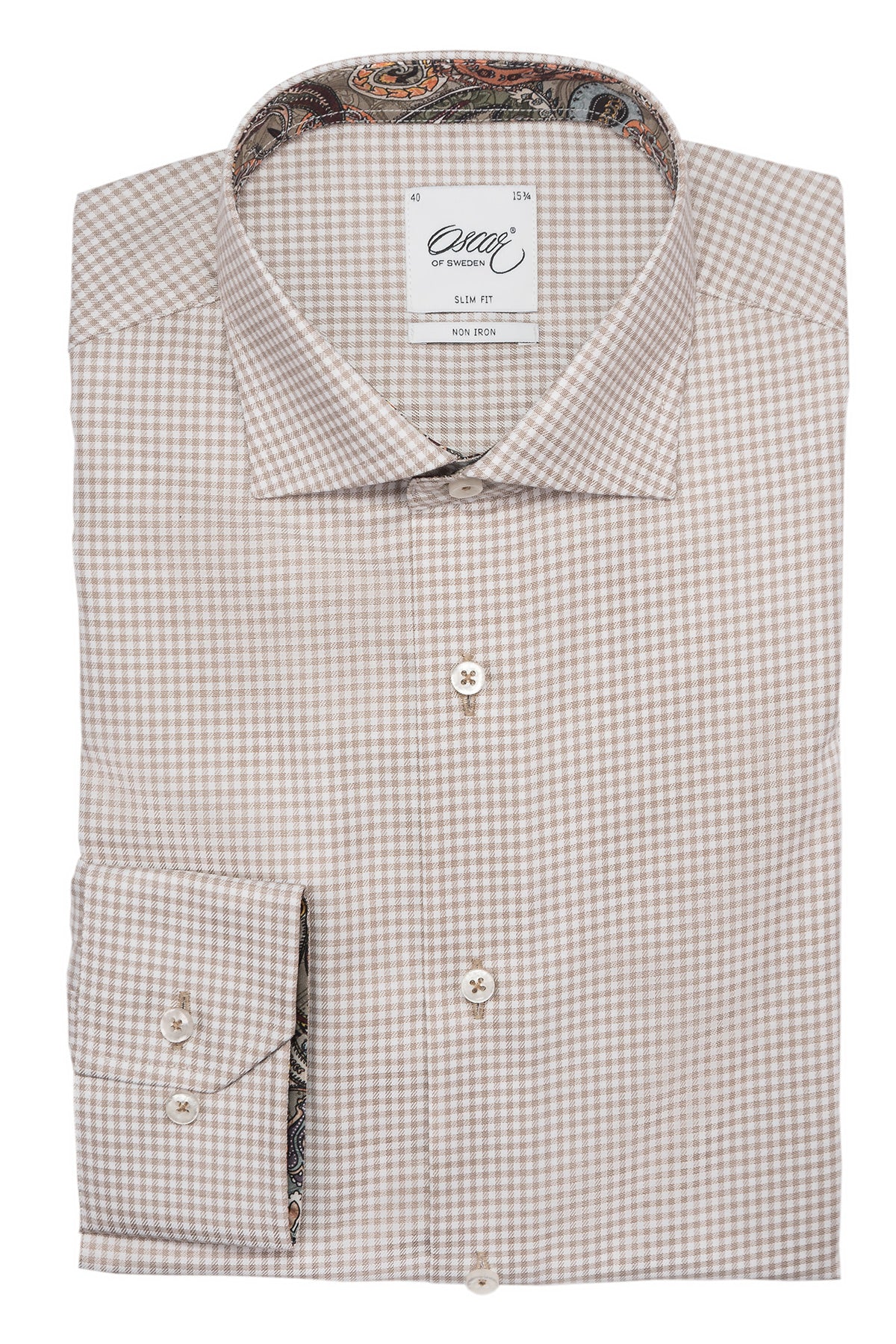 Beige checked slim fit shirt with contrast details