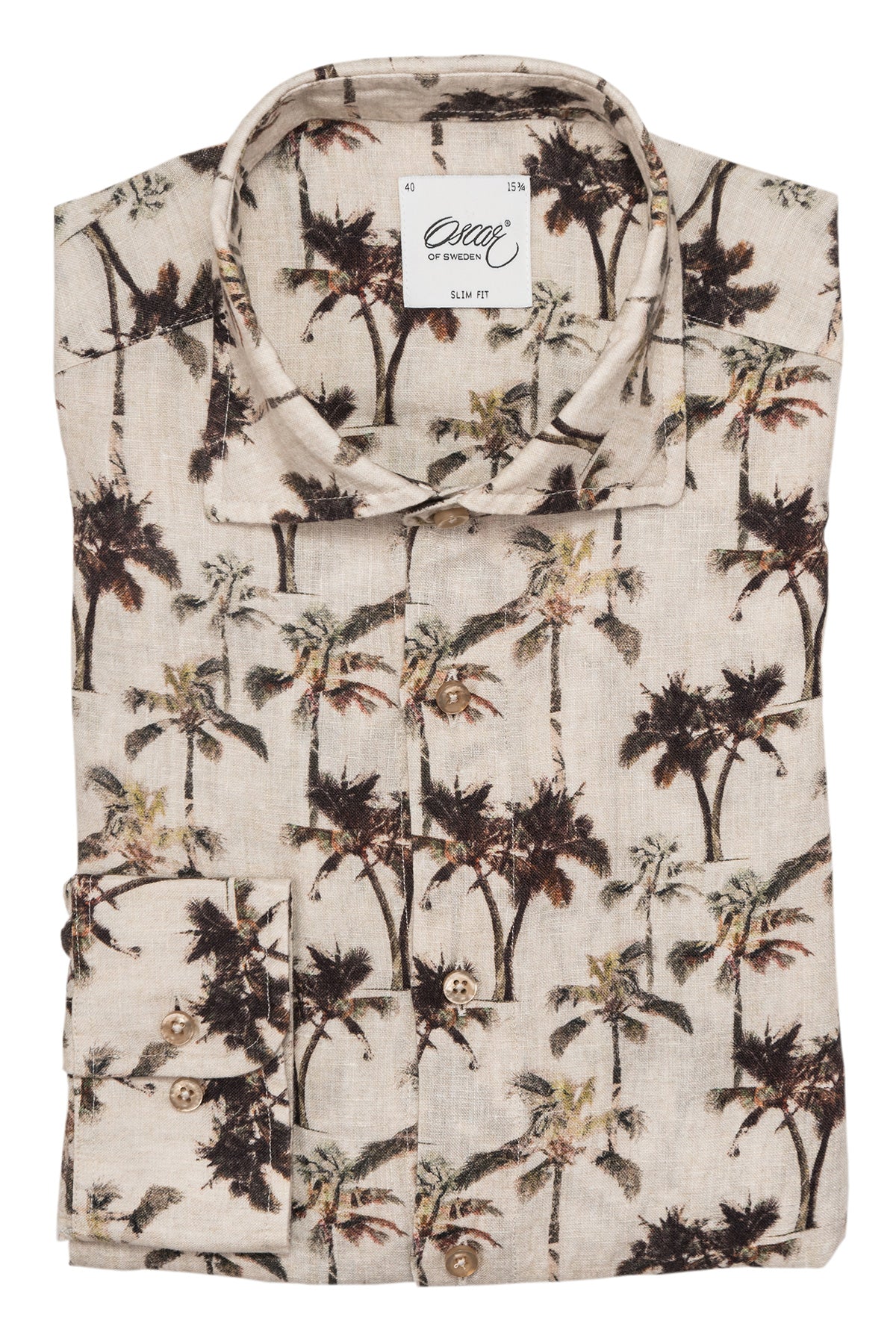 Beige palm printed regular fit linen shirt