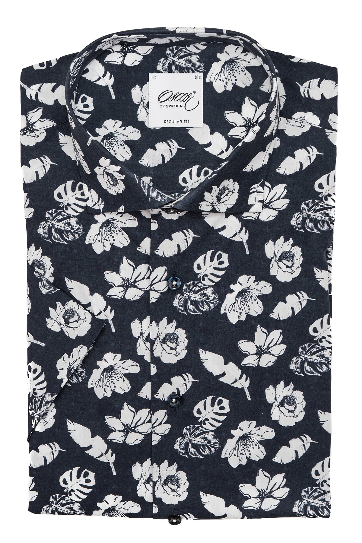 Navy blue flower printed short sleeve regular fit shirt