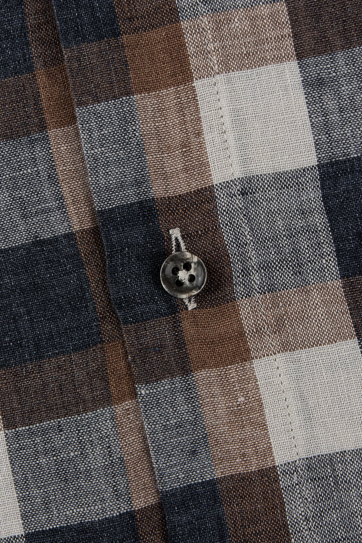 Brown checked linen button down regular fit shirt