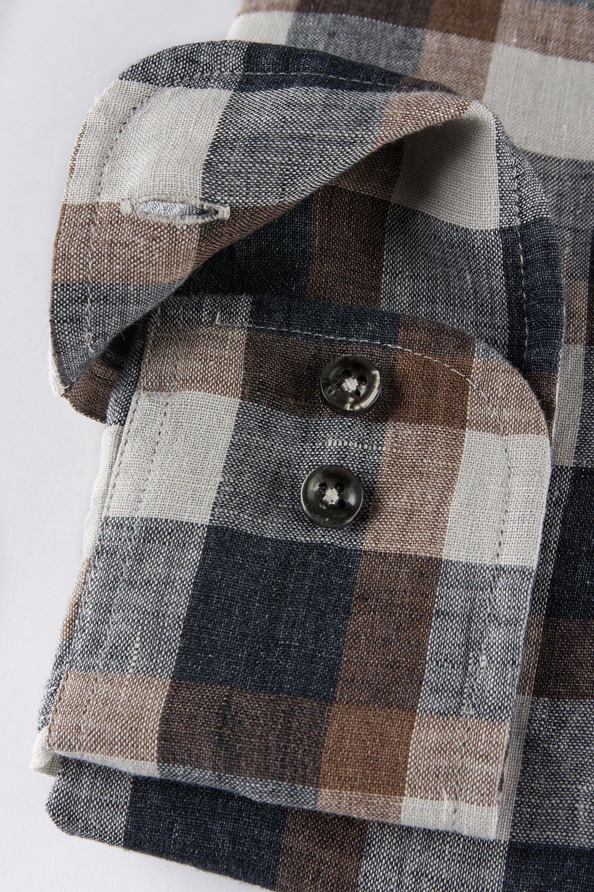 Brown checked linen button down regular fit shirt