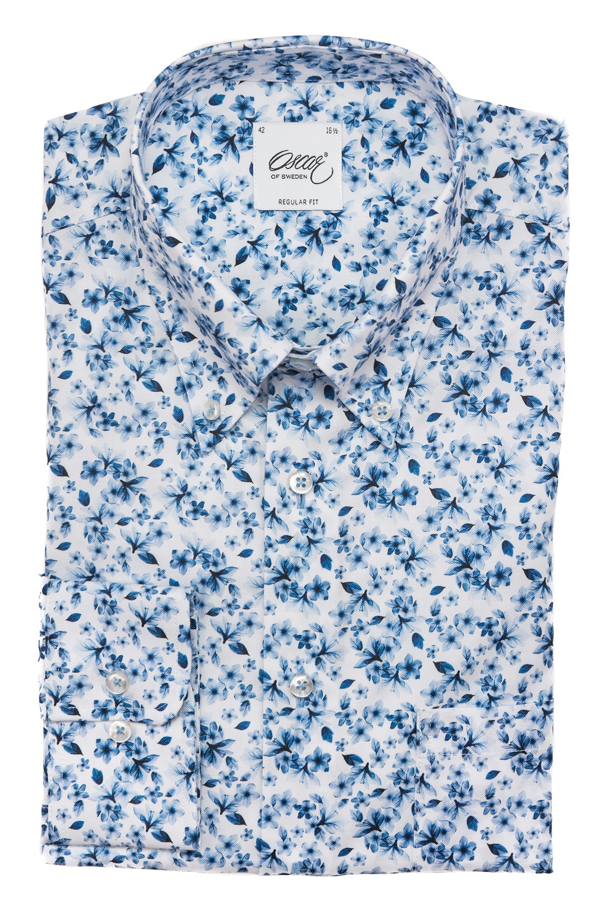 Blue flower printed button down regular fit shirt